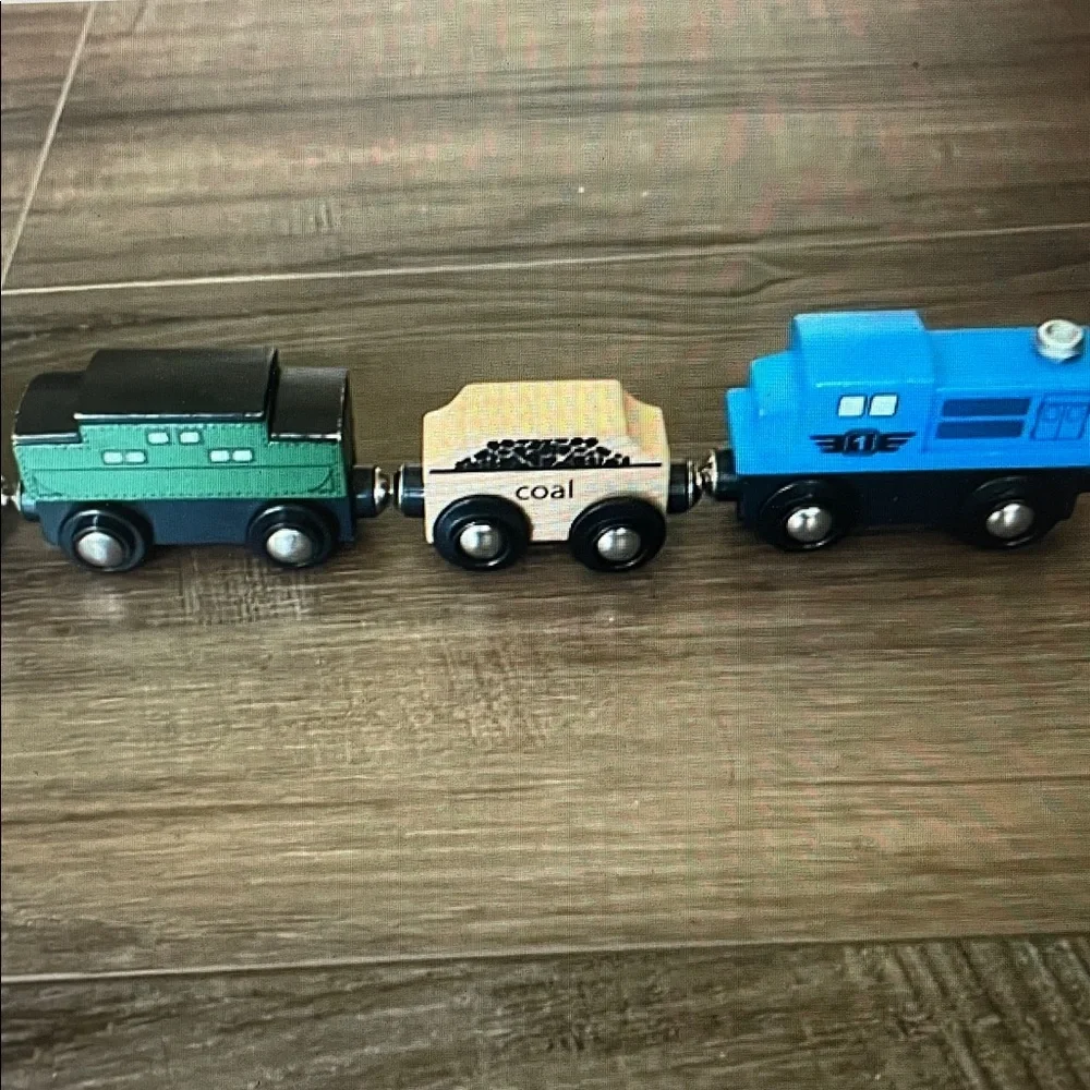 6 Small Wooden Train Cars and 19 pcs of track